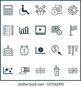 Set Of 20 Universal Editable Icons. Can Be Used For Web, Mobile And App Design. Includes Elements Such As Profit Graph, Video Player, Personal Skills And More.