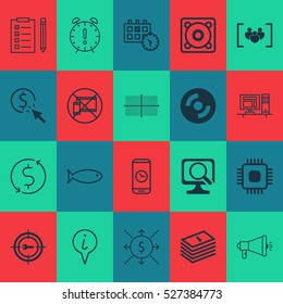 Set Of 20 Universal Editable Icons. Can Be Used For Web, Mobile And App Design. Includes Elements Such As Dollar Salary, Media Campaign, Blank Cd And More.