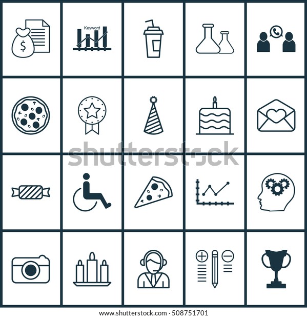 Set Of 20 Universal Editable Icons. Can\
Be Used For Web, Mobile And App Design. Includes Icons Such As\
Drink Cup, Changes Graph, Brain Process And\
More.