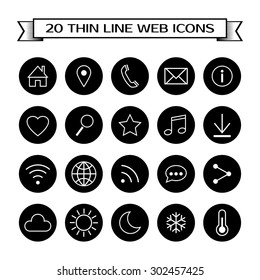 Set of 20 universal web icons for media, communication, business, mobile and  meteorology. Thin line icons for design. Vector illustration.