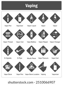 A set of 20 vaping icons as vape pen, vaporizer, vapor liquid