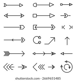 Conjunto de 20 iconos de flecha de Vector en estilo lineal minimalista. Diferentes direcciones y Formas: rectas, curvas, circulares, diagonales. Diseño de contorno simple para interfaz de usuario, Web e infografías.