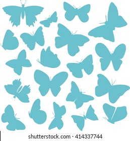 A set of 20 vector butterfly silhouettes of various shapes, in teal blue