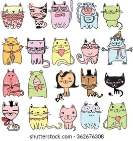 Set of 20 Vector doodle cute cats avatars