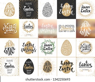 Set of 20 vector Easter lettering posters, greeting cards, decoration, prints. Hand drawn typography design elements. Handwritten lettering. Modern ink brush calligraphy. 