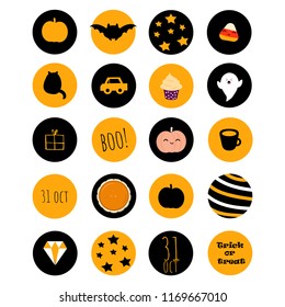 Set of 20 vector halloween icons with thematical stuff including bat, pumpkin, sweets and words. Great for stickers, scrapbooking, web buttons, bullet journals, etc.