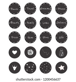 Set aus 20 Vektorsymbonen im wunderschönen schwarz-weißen Stil für Scrapbooking, Bullet Journaling, Social Networks, etc. Set inklusive 12 Icons mit glänzendem Rahmen mit Wörtern und 8 Icons mit süßen Bildern.