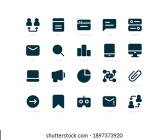 Set Of 20 Vector Illustration Internet Marketing Design Graphic Solid Icons Or Symbols. Include Affiliate, Algorithm, Bookmark, Computer, Smartphone, Analytics, Landing Page, Etc. Eps 10