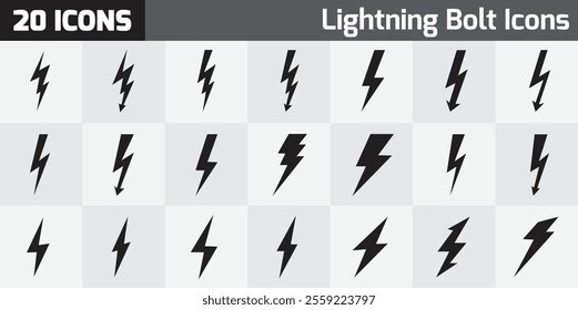 A set of 20 vector lightning bolt icons in various styles, including sharp, angular, and bold designs, ideal for energy, power, or weather-related projects.
