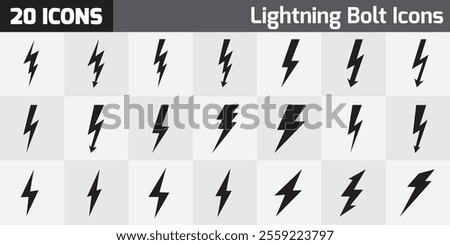 A set of 20 vector lightning bolt icons in various styles, including sharp, angular, and bold designs, ideal for energy, power, or weather-related projects.