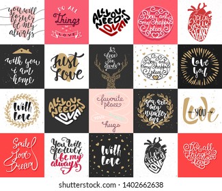 Set of 20 vector love and romantic lettering posters, greeting cards, decoration, prints, t-shirt design. Hand drawn typography. Handwritten lettering. Modern ink brush calligraphy. 