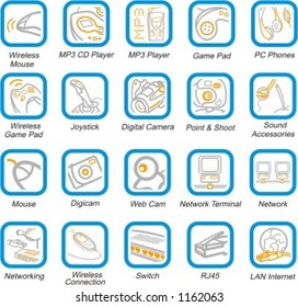 A set of 20 vector multimedia, networking, accessories and peripherals pictograms.