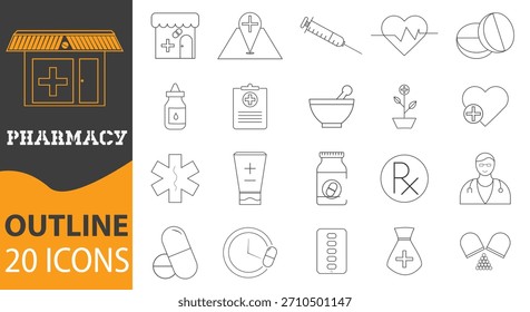 Un conjunto de 20 íconos de farmacia de Vector que incluyen píldoras, mortero y mortero, medical plus, jeringuillas, cápsulas, símbolo Rx y más.