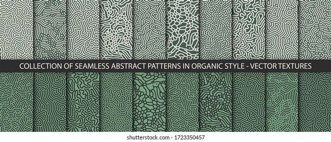 Set of 20 vector seamless organic rounded jumble maze lines patterns in green colors. Abstract backgrounds