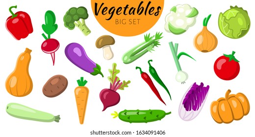 Set of 20 vegetable icons isolated on a white background. bright icons in the flat style. healthy food, organic food, vegetarian food. Vector illustration.