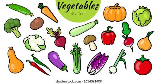 Set of 20 vegetable icons isolated on a white background. bright icons in the flat style. healthy food, organic food, vegetarian food. Vector illustration.