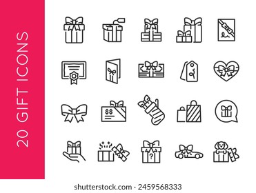 A set of 20 versatile gift-related icons, encompassing various forms of presents, such as wrapped boxes, gift cards, shopping incentives, and puppies and cars with bows. Vector illustration