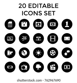 Set of 20 video filled icons such as tv, joystick, movie tape, film tape, movie clapper, camera, cd, play, camera tape, contrast, home message, portable game console