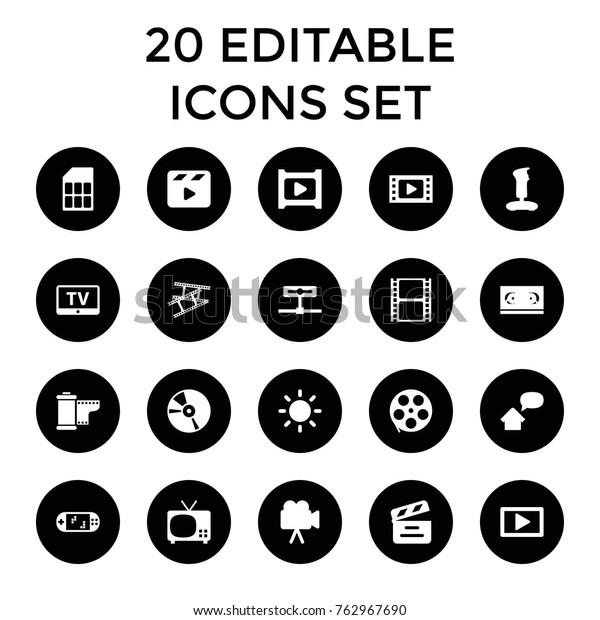 Set of 20 video filled\
icons such as tv, joystick, movie tape, film tape, movie clapper,\
camera, cd, play, camera tape, contrast, home message, portable\
game console