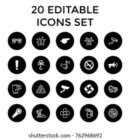 Set of 20 warning filled and outline icons such as fan, no smoking, no cargo warning, exclamation point, door knob, security camera, whistle, megaphone, security camera