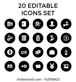 Set of 20 wealth filled icons such as coin, money, atm money withdraw, dollar, coin, purse, safe, check, dollar sign, yuan