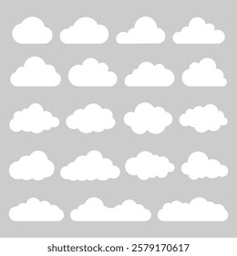 Set of 20 white cloud icons on a gray background. Various cloud shapes in a grid. Cloud icons for weather, design, or decoration. Simple cloud graphics. Weather illustration, vector set.