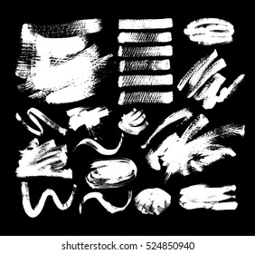 set of 20 white ink hand drawing brushes collection isolated on black background for your design, brush strokes element vector illustration