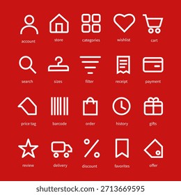 Conjunto de 20 iconos vectoriales minimalistas blancos para una tienda en línea: Carrito, pago, entrega, categorías, descuento, lista de deseos, Cuenta, pedido y otros Elementos de interfaz de comercio electrónico.