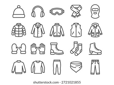 Set of 20 winter clothing vector icons. Minimalist linear monoline outline art style. Warm apparel symbols including jackets, hats, and gloves. Dark grey lines on white background.