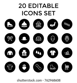 Set of 20 winter filled and outline icons such as pine tree, hat, jacket, winter hat, ice skate, fireplace, heart frozen, hockey stick and puck, ice skating, candy cane