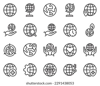 set of 20 world globe line icons. internet, gps, save, network, universal, map, global, cartography, logistics, planet, geography	