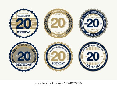 establecer sellos redondos de cumpleaños de 20 años con diferentes iconos, ilustración vectorial