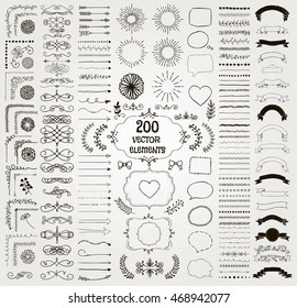 Set of 200 Black Hand Drawn Doodle Design Elements. Rustic Decorative Line Borders, Florals, Dividers, Arrows, Swirls, Scrolls, Ribbons, Banners, Frames Corners Objects. Vector Illustration