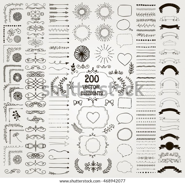 Set\
of 200 Black Hand Drawn Doodle Design Elements. Rustic Decorative\
Line Borders, Florals, Dividers, Arrows, Swirls, Scrolls, Ribbons,\
Banners, Frames Corners Objects. Vector\
Illustration