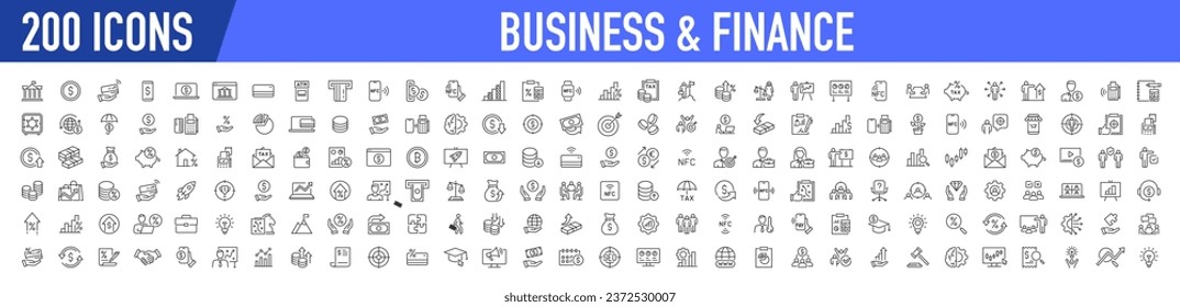 Set of 200 Business and Finance web icons in line style. Money, bank, contact, office, payment, strategy, accounting, infographic. Icon collection. Vector illustration.