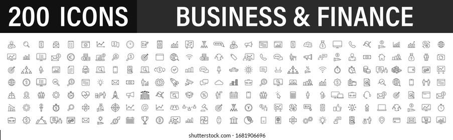 Set of 200 Business icons. Business and Finance web icons in line style. Money, bank, contact, infographic. Icon collection. Vector illustration.