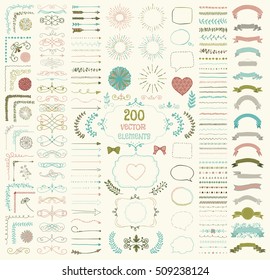 Set of 200 Colorful Hand Drawn Doodle Design Elements. Rustic Decorative Line Borders, Florals, Dividers, Arrows, Swirls, Scrolls, Ribbons, Banners, Frames Corners Objects. Vector Illustration