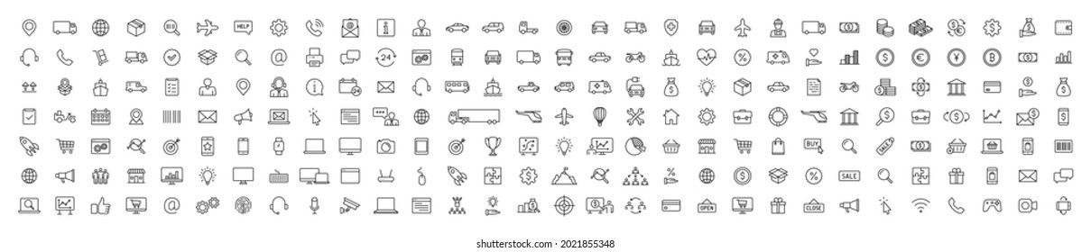 Set of 200 Delivery and logistics web icons in line style. Courier, shipping, express delivery, tracking order, support, business. Vector illustration.