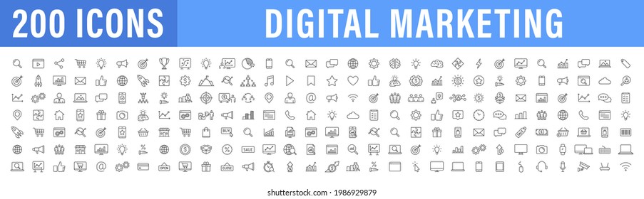 Set of 200 Digital Marketing web icons in line style. Social, networks, feedback, communication, marketing, ecommerce. Vector illustration.