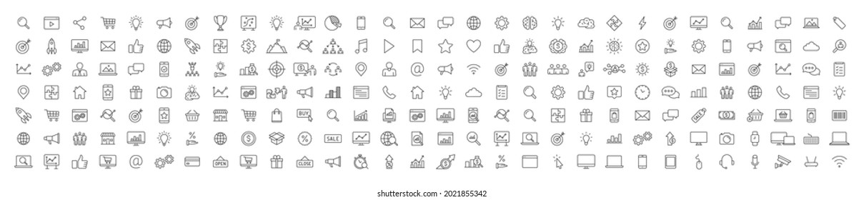 Set of 200 Digital Marketing web icons in line style. Social, networks, feedback, communication, marketing, ecommerce. Vector illustration.
