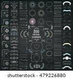 Set of 200 Hand Drawn Doodle Design Elements. Rustic Decorative Line Borders, Dividers, Arrows, Swirls, Scrolls, Ribbons, Banners, Frames Corners Objects on Chalkboard Texture. Vector Illustration