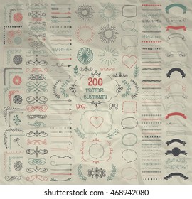 Set of 200 Hand Drawn Doodle Design Elements. Rustic Decorative Line Borders, Dividers, Arrows, Swirls, Scrolls, Ribbons, Banners, Frames Corners Objects on Crumpled Paper. Vector Illustration