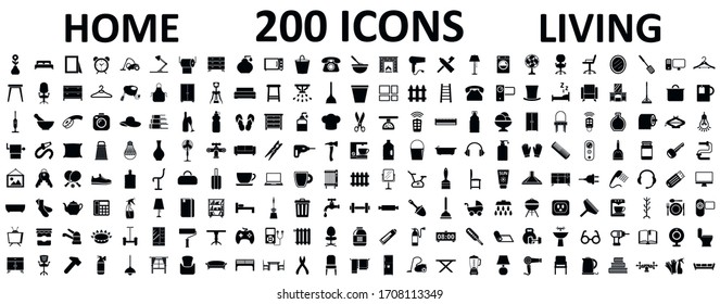 Set 200 icons of home living, furniture, house décor, bathroom, bedroom, garage and many more – stock vector