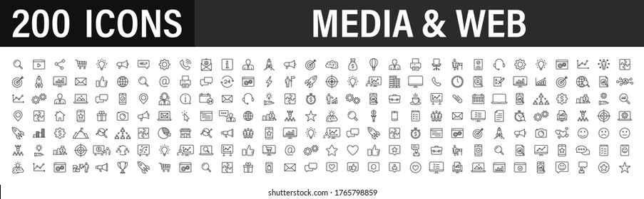 Set Of 200 Media And Web Icons In Line Style. Data Analytics, Digital Marketing, Management, Message, Phone. Vector Illustration.