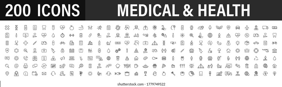 Set of 200 Medical and Health web icons in line style. Medicine and Health Care, RX, infographic. Vector illustration.