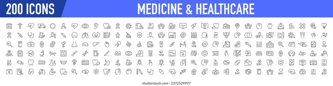 Set of 200 Medical and Health web icons in line style. Medicine and Health Care, RX, infographic. Vector illustration.