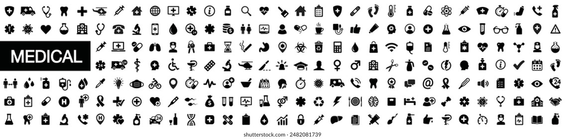 Set of 200 Medical and Healthcare web icons in line style. Medicine, check up, doctor, dentistry, pharmacy, lab, scientific discovery, collection. Vector illustration.