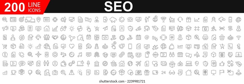 Set von 200 SEO Web-Icons. Sammlung von Suchmaschinen-Optimierung-Symbolen. Business und Marketing eingeschlossen. Dünne Linie Web-Icon-Set. Umrissset für Web-Symbole. Vektorgrafik