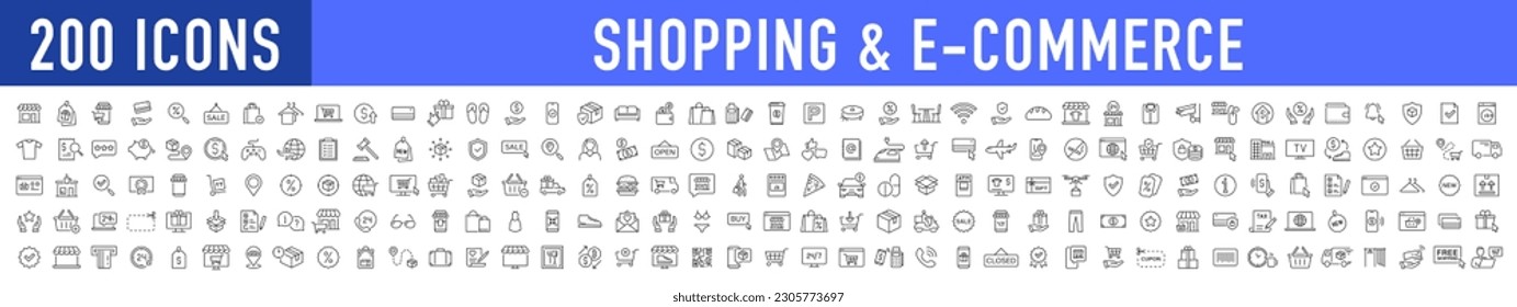 Set of 200 Shopping and E-Commerce web icons in line style. Online shopping, digital marketing, delivery, coupon, shop, discount, bank card, gifts, shop collection. Vector illustration.