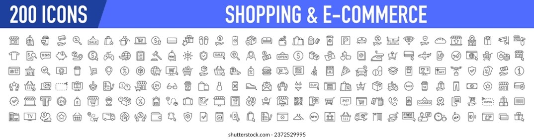 Set of 200 Shopping web icons in line style. Mobile Shop, Digital marketing, Bank Card, Gifts. Vector illustration.